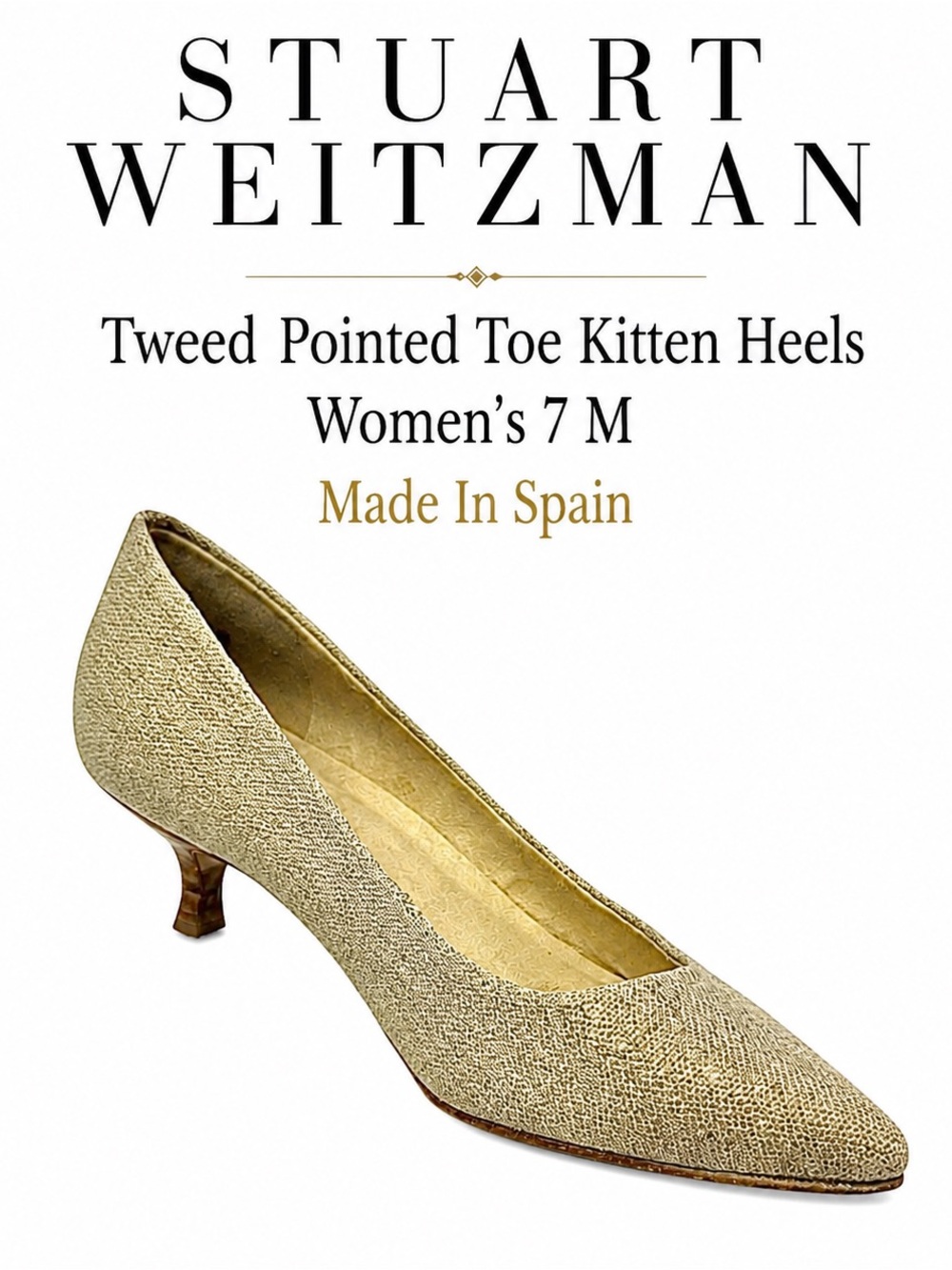 Stuart Weitzman Tweed Pointed Toe Kitten Heels Women’s 7 M Made In Spain